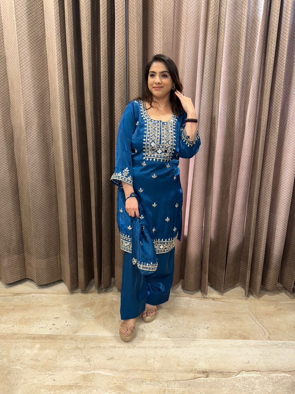 Teal Blue Hand-work Kurta Set with Potli