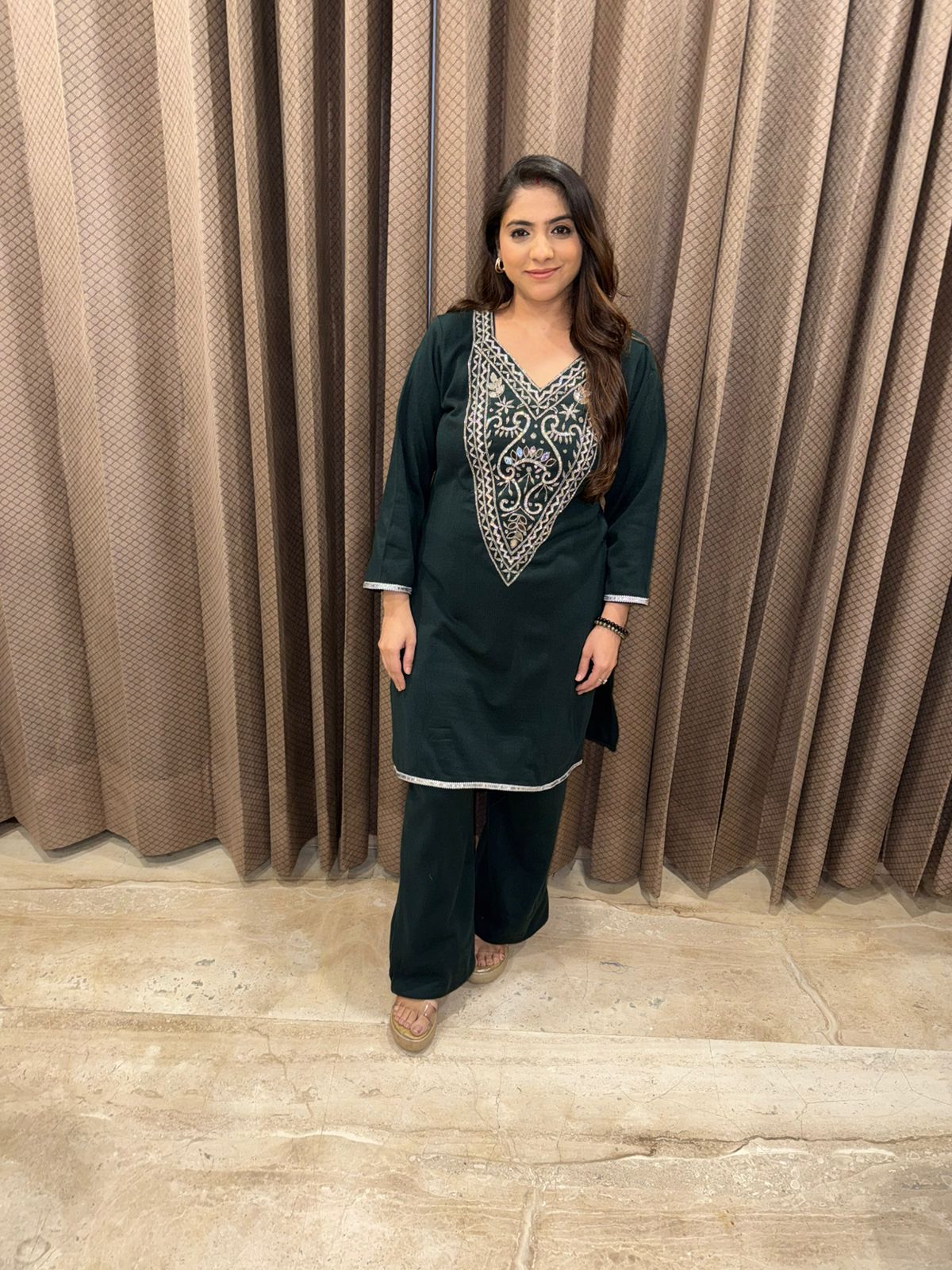 Dark Green Hand-work Co-ord Set with Straight Pants