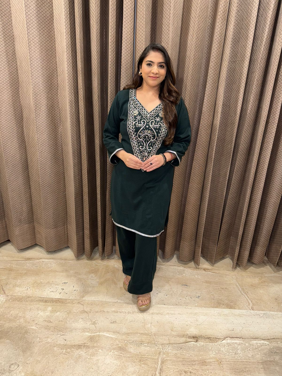 Dark Green Hand-work Co-ord Set with Straight Pants