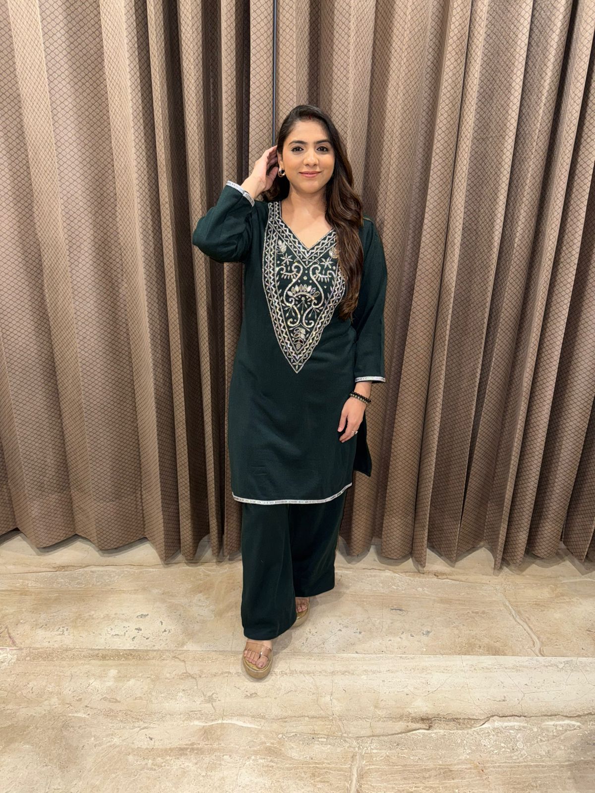 Dark Green Hand-work Co-ord Set with Straight Pants