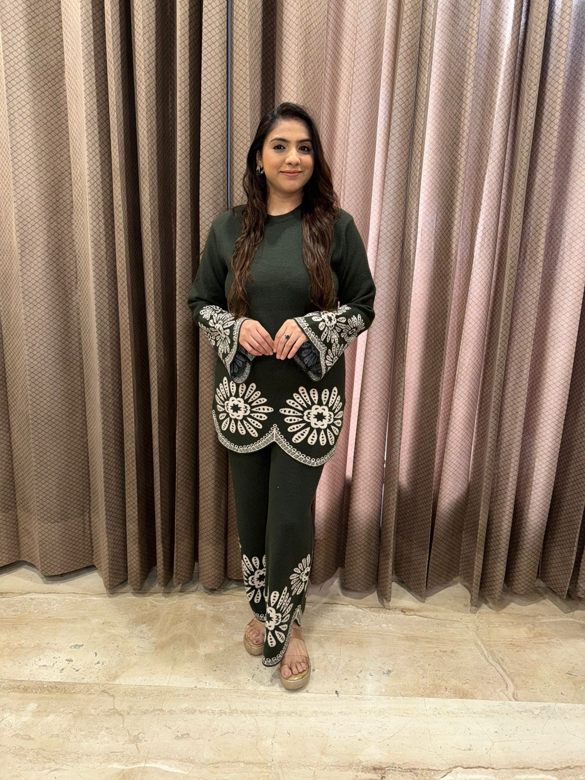 Olive Green Embroidered Co-ord Set with Floral Motifs