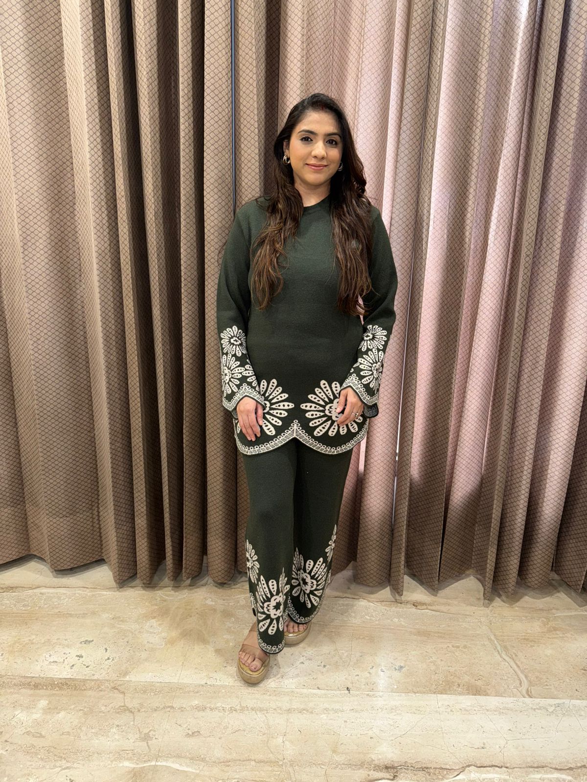 Olive Green Embroidered Co-ord Set with Floral Motifs