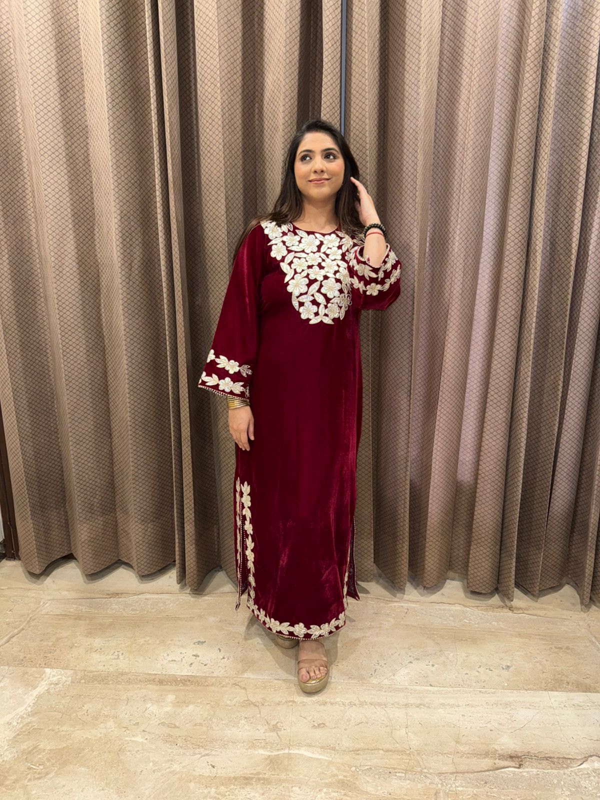 Maroon Velvet Dress with Hand-Embroidered Floral Detailing