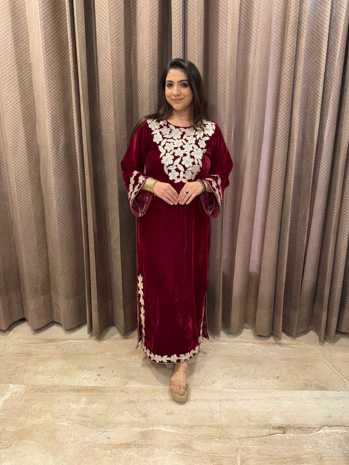 Maroon Velvet Dress with Hand-Embroidered Floral Detailing