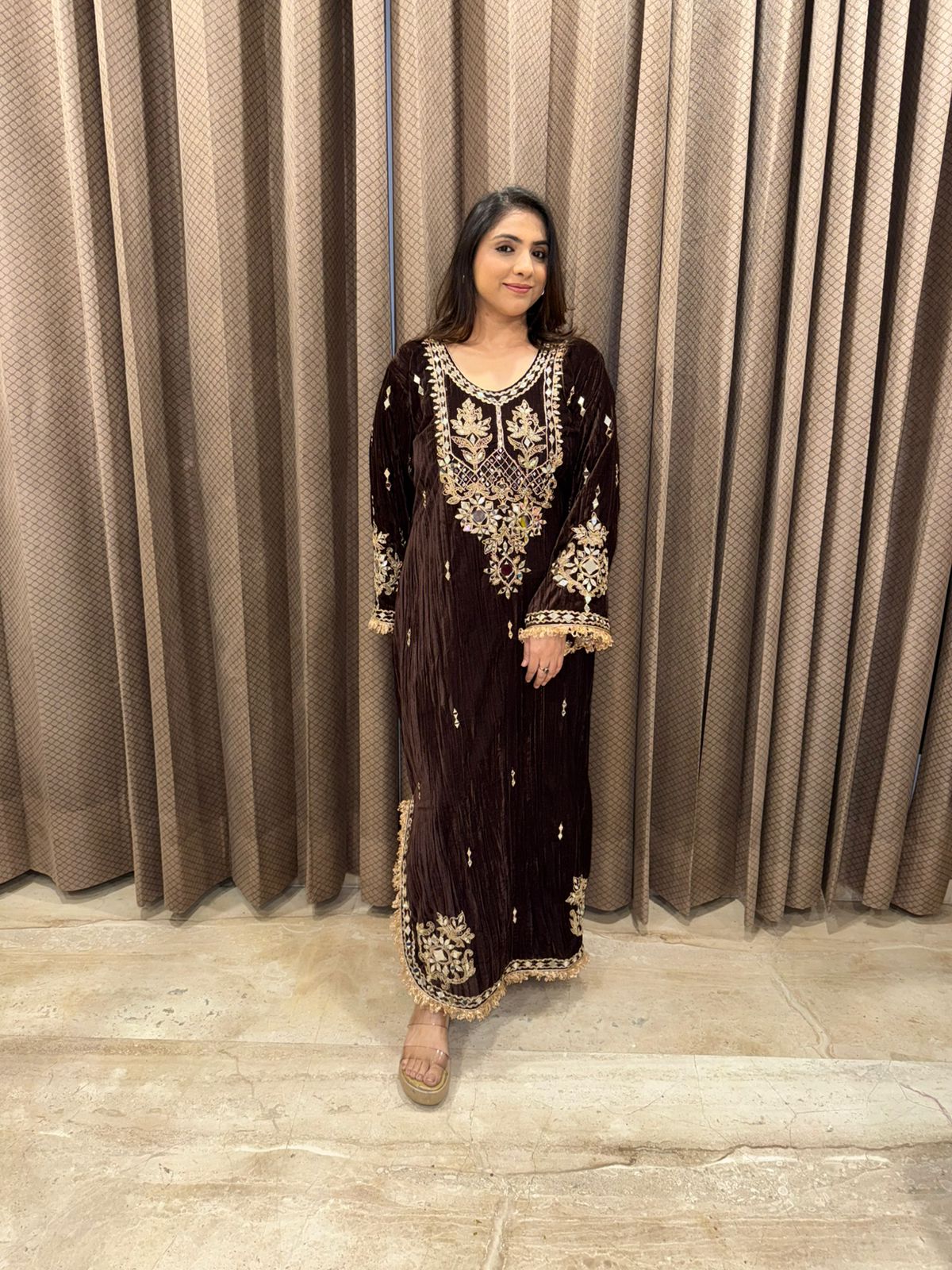 Brown Heavy Mirror & Hand-work Long Dress