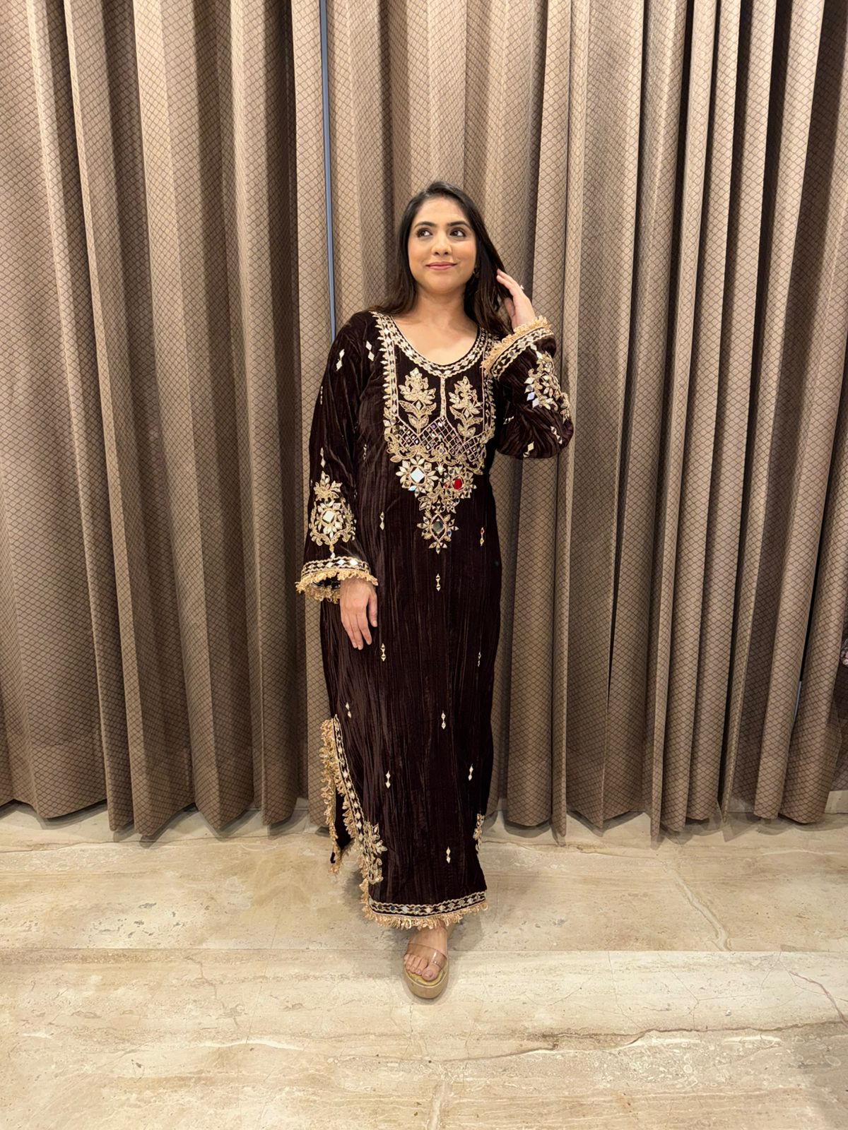 Brown Heavy Mirror & Hand-work Long Dress