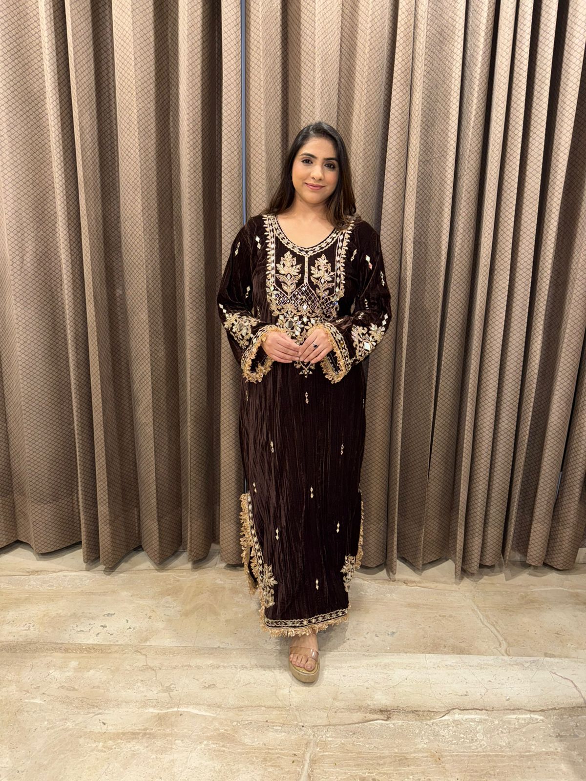 Brown Heavy Mirror & Hand-work Long Dress