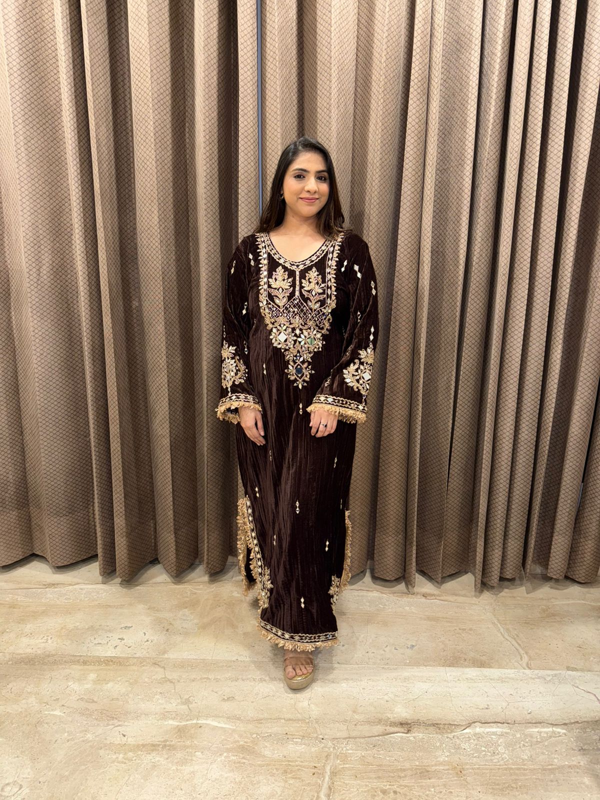 Brown Heavy Mirror & Hand-work Long Dress