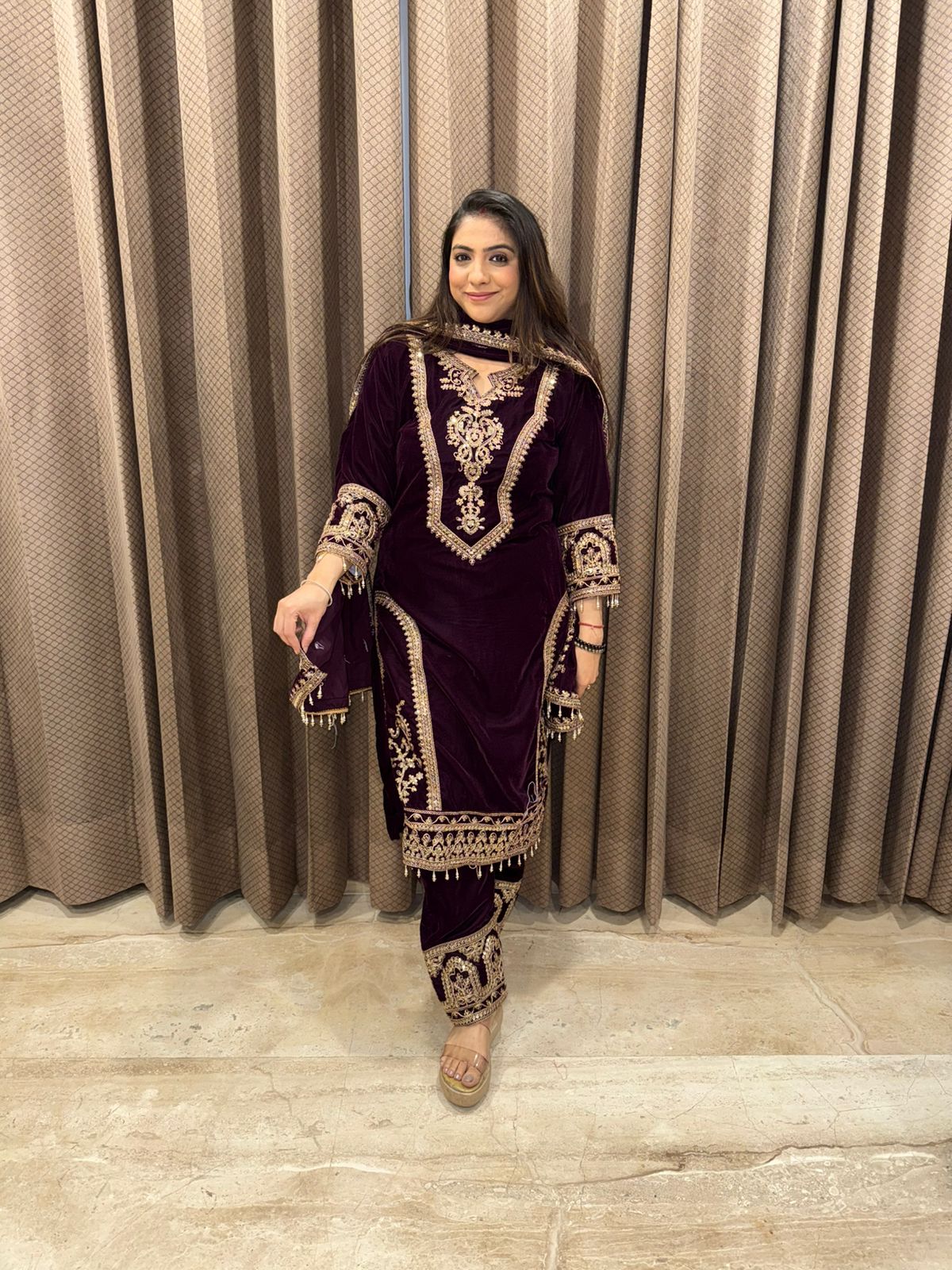 Wine Heavy Hand-work Kurta Set with Dupatta