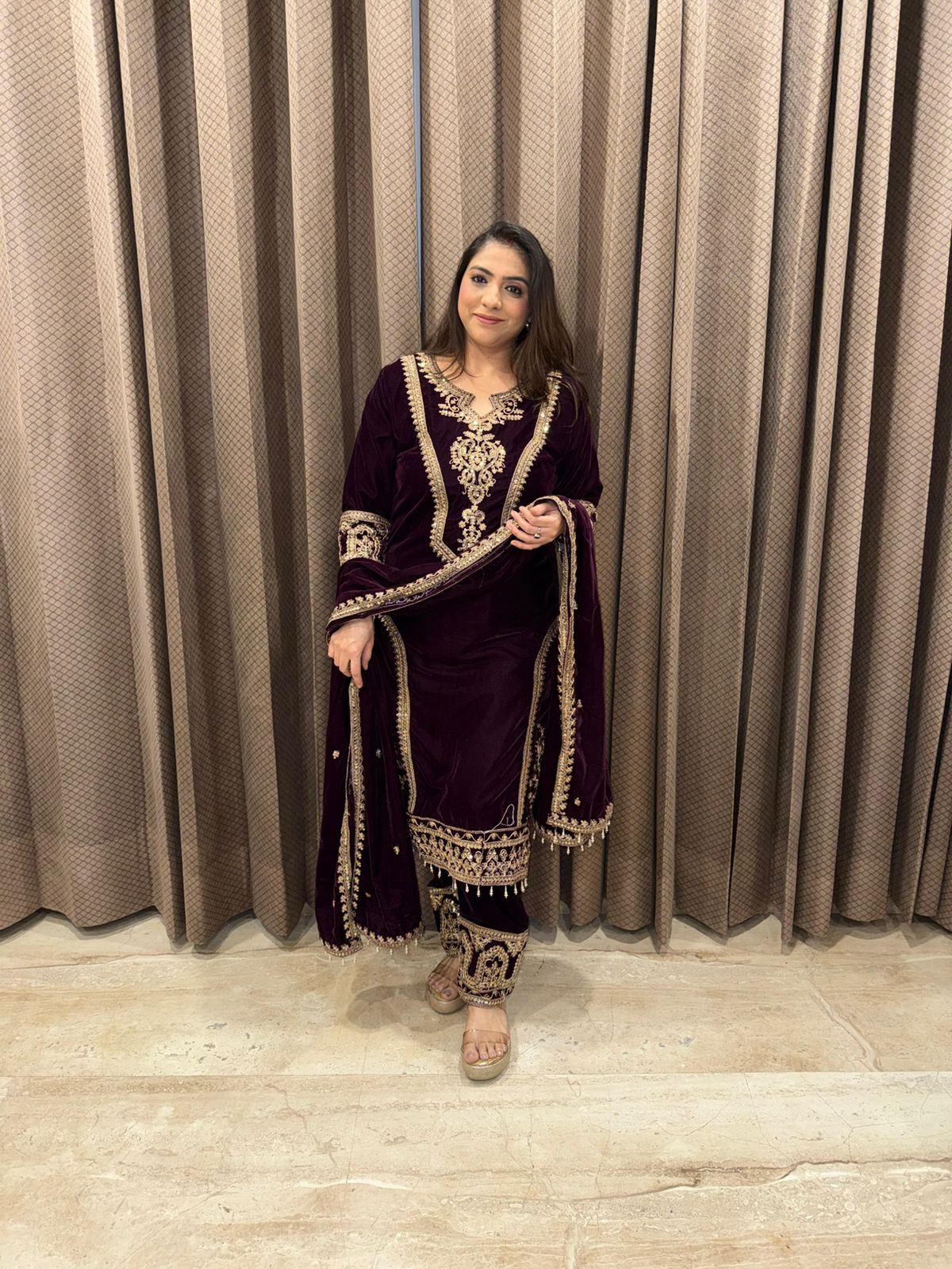 Wine Heavy Hand-work Kurta Set with Dupatta