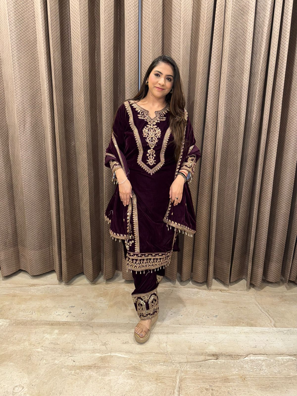 Wine Heavy Hand-work Kurta Set with Dupatta