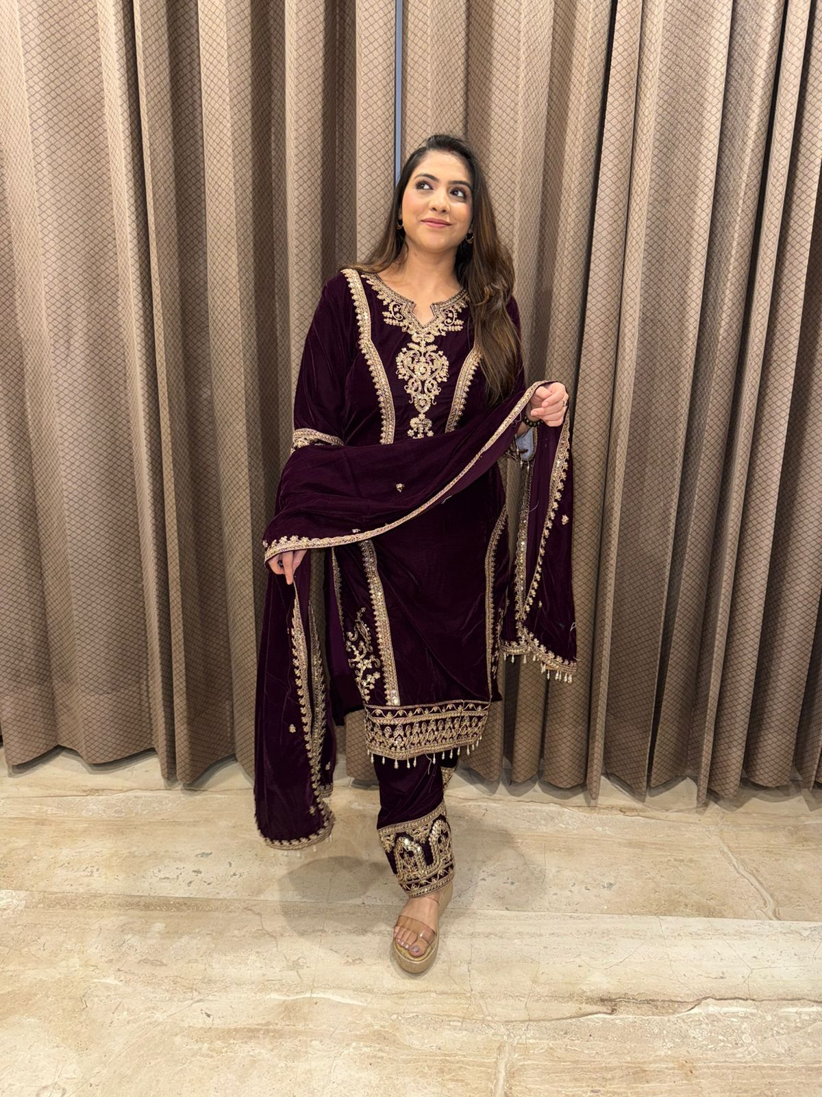 Wine Heavy Hand-work Kurta Set with Dupatta