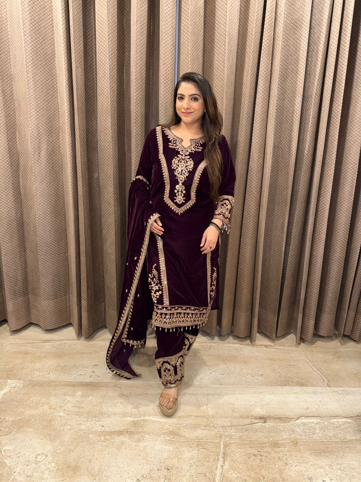 Wine Heavy Hand-work Kurta Set with Dupatta