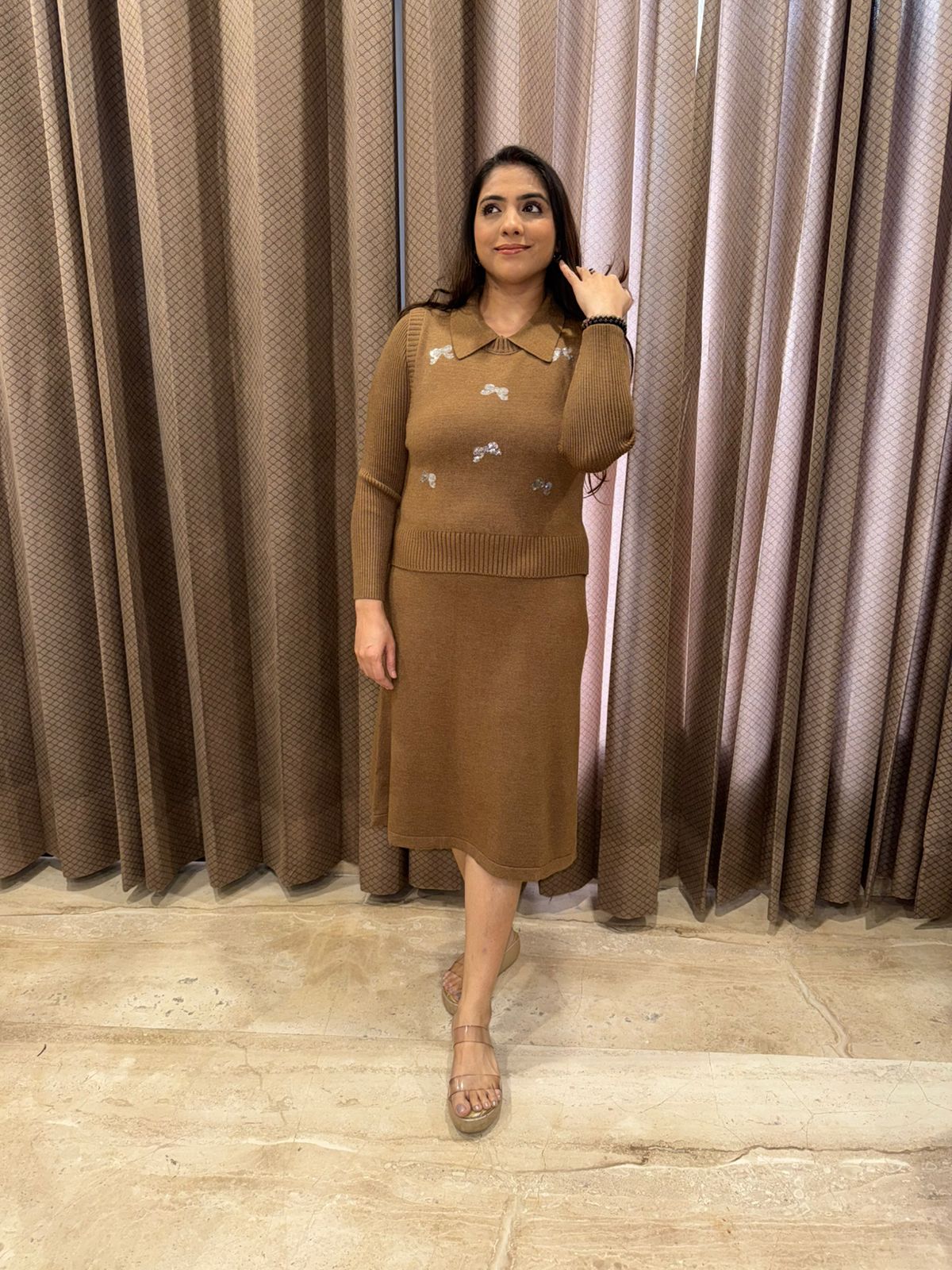 Camel Knit Co-ord Set with Sequin Bow Embellishments