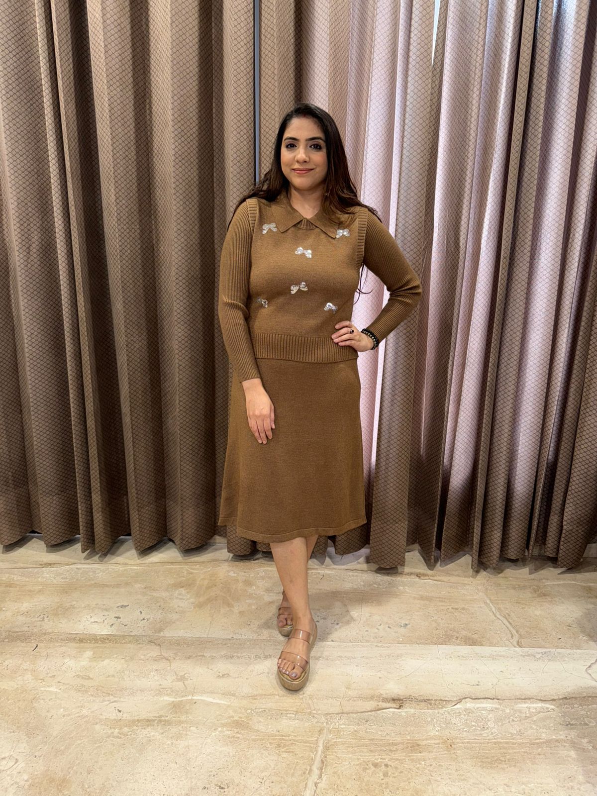 Camel Knit Co-ord Set with Sequin Bow Embellishments