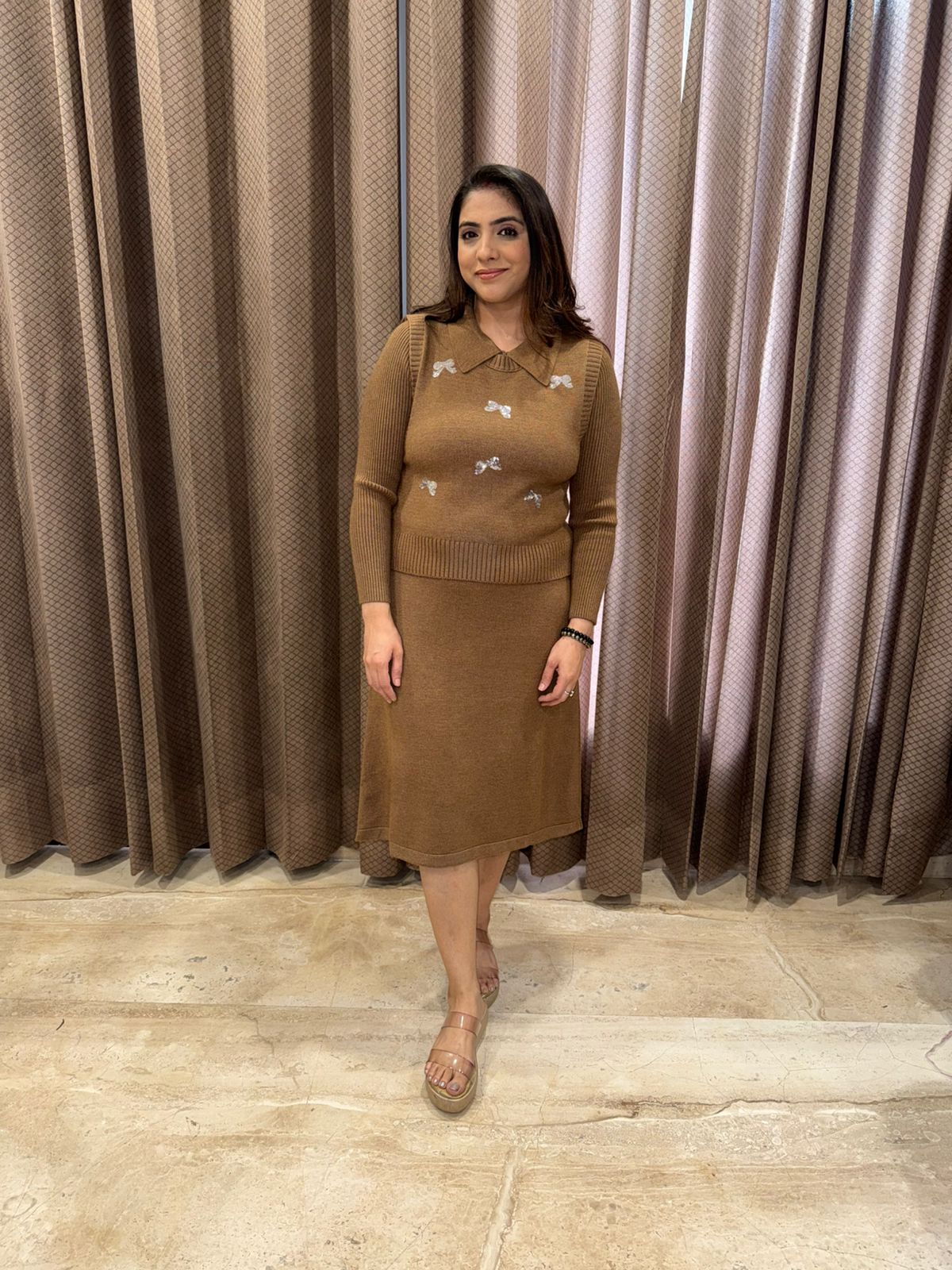 Camel Knit Co-ord Set with Sequin Bow Embellishments
