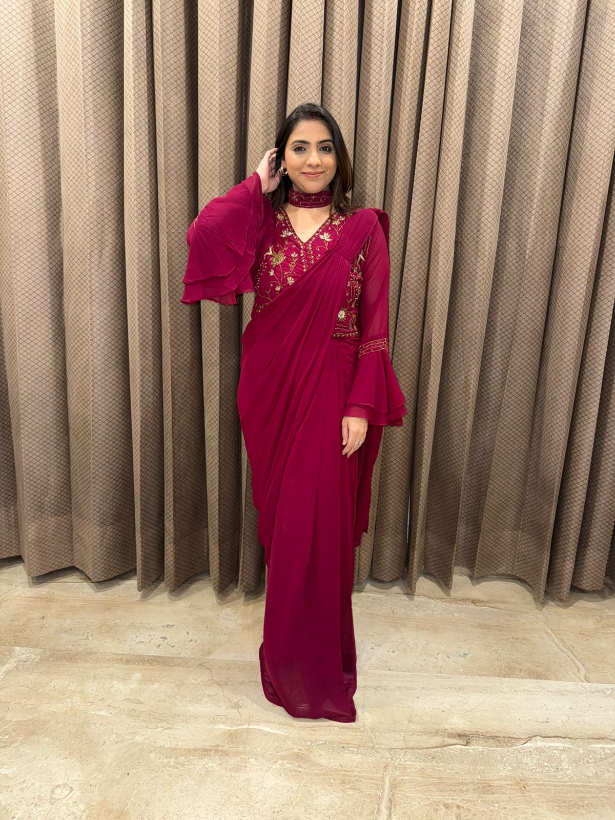 Wine Hand-work Ruffle-Sleeve Pre-Draped Saree Set