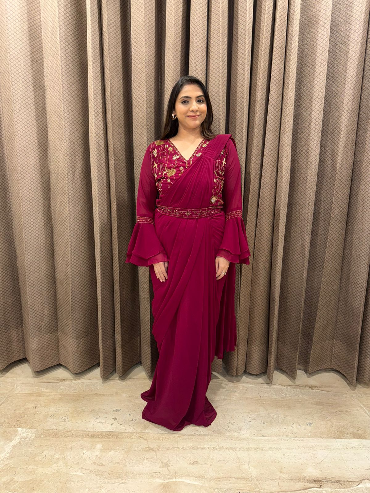 Wine Hand-work Ruffle-Sleeve Pre-Draped Saree Set