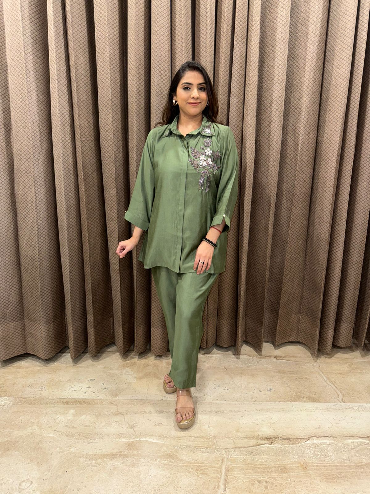 Sage Green Floral Hand-work Co-ord Set