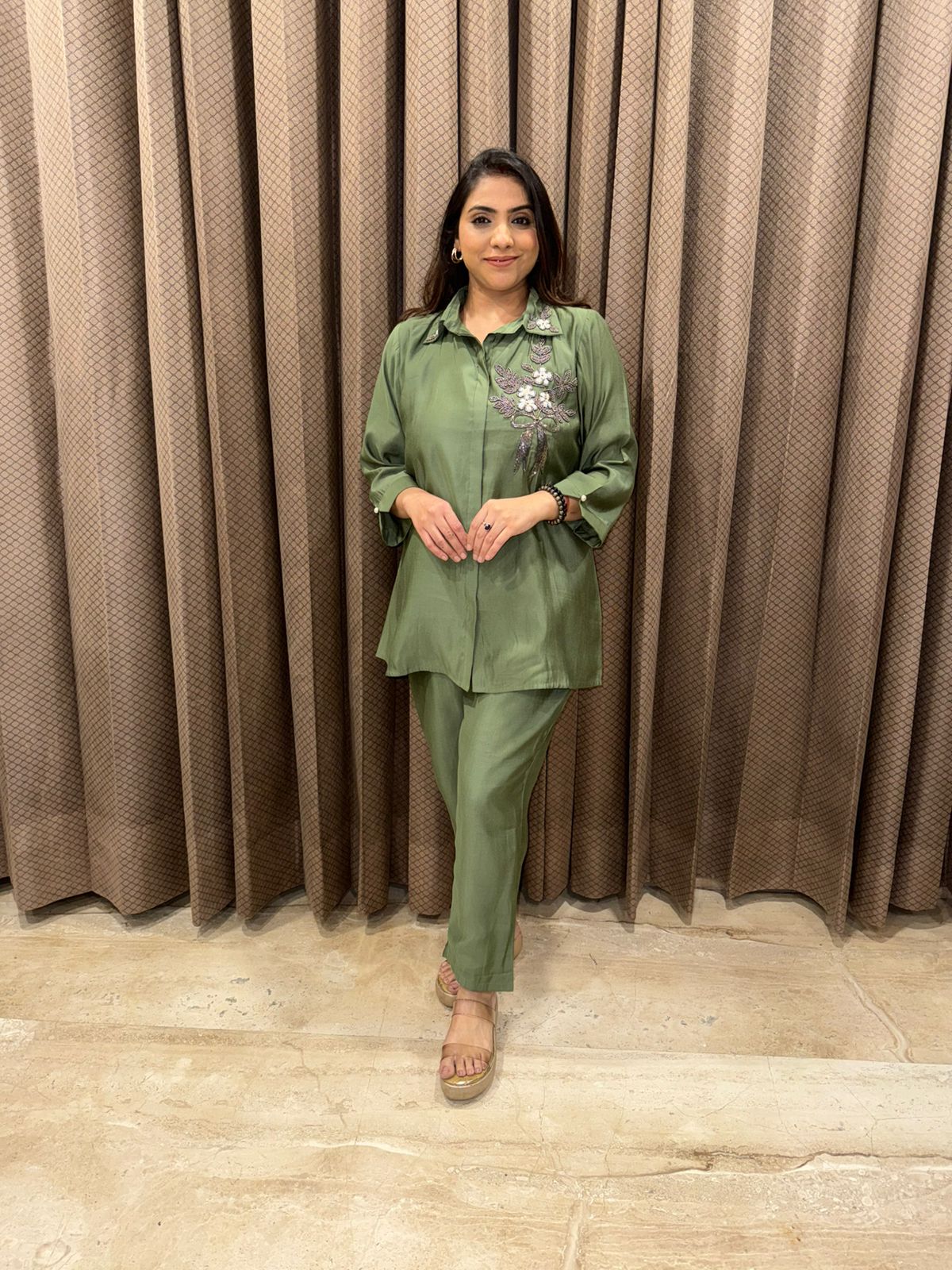 Sage Green Floral Hand-work Co-ord Set