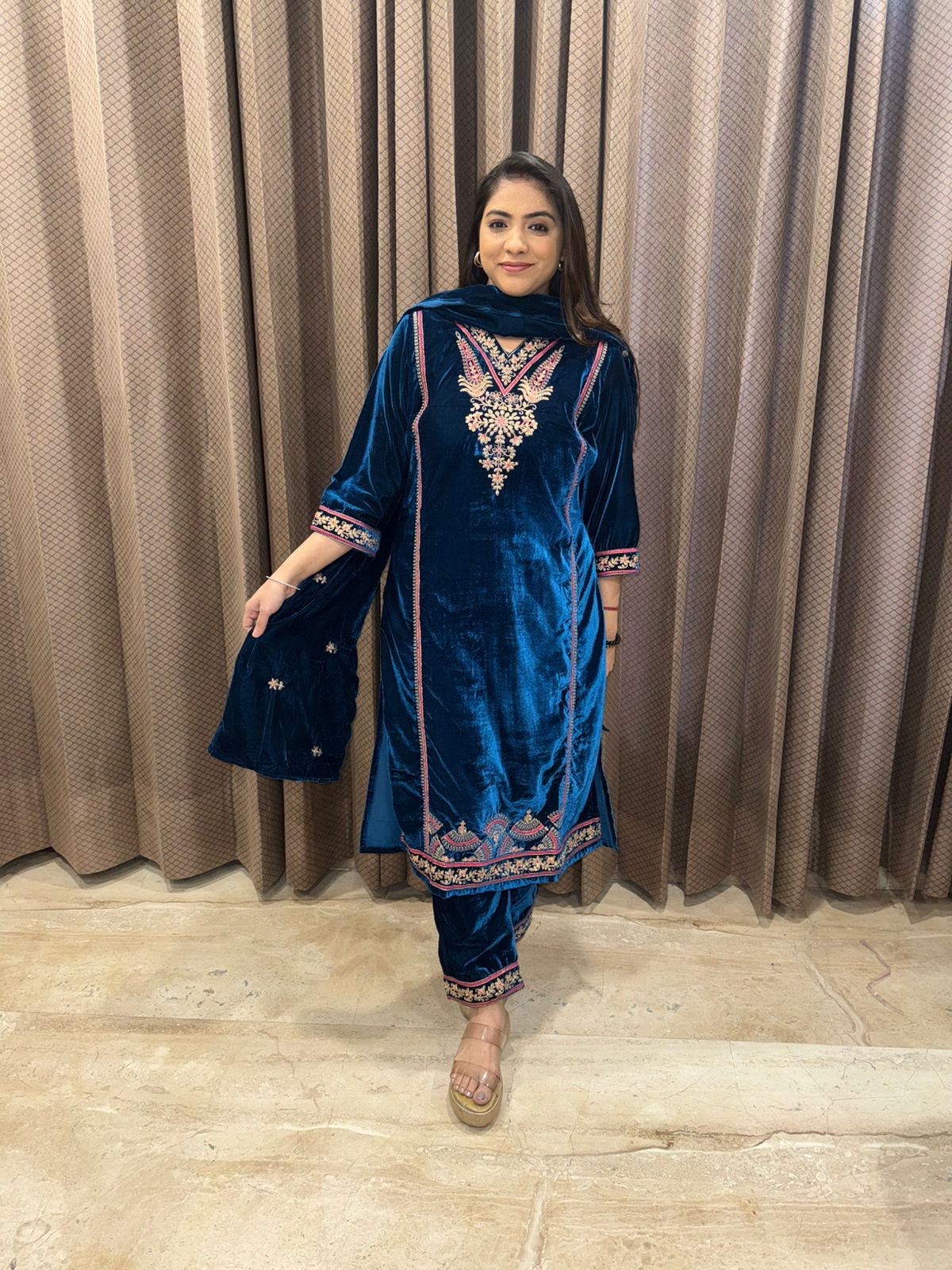 Royal Teal Velvet Thread-Embroidered Kurta Set with Dupatta