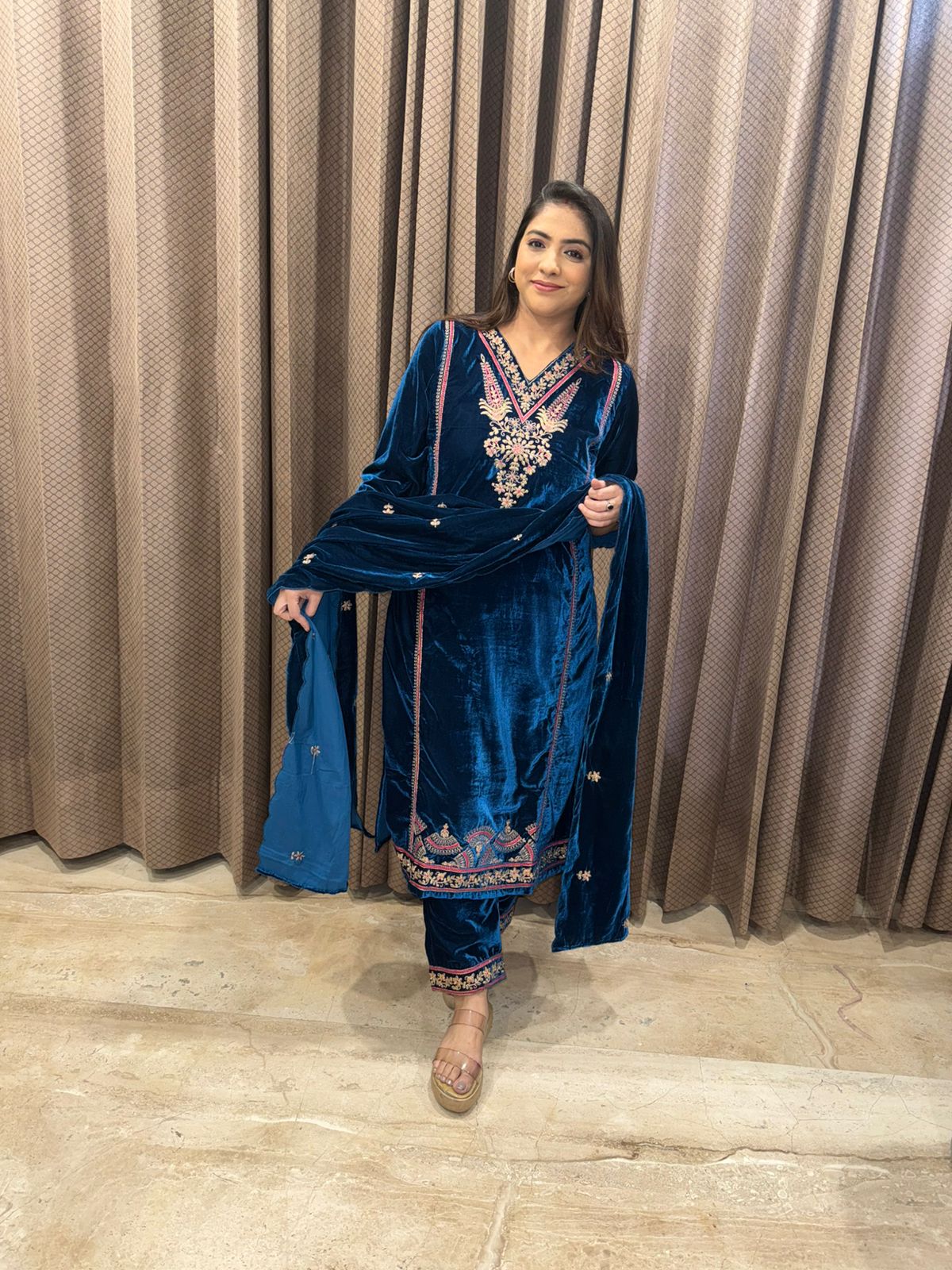Royal Teal Velvet Thread-Embroidered Kurta Set with Dupatta