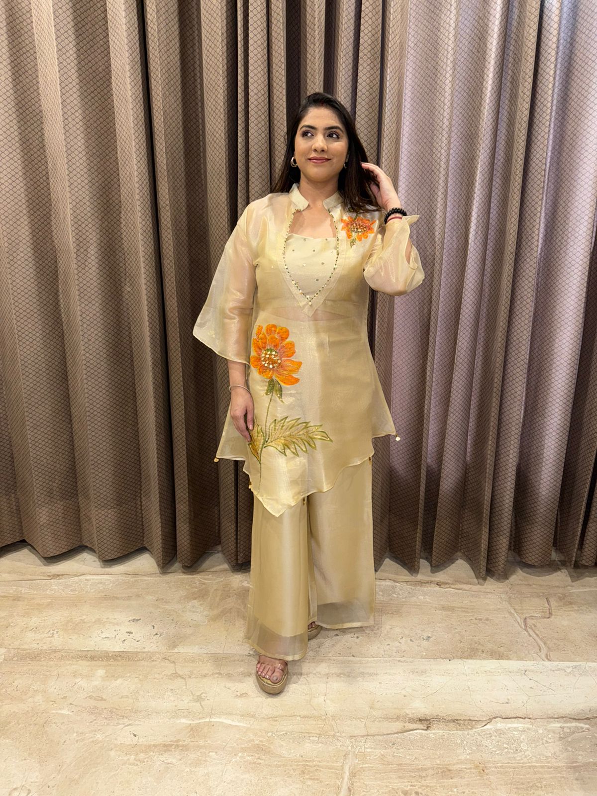 Champagne Shimmer Hand-Painted Floral Kurta & Palazzo Set