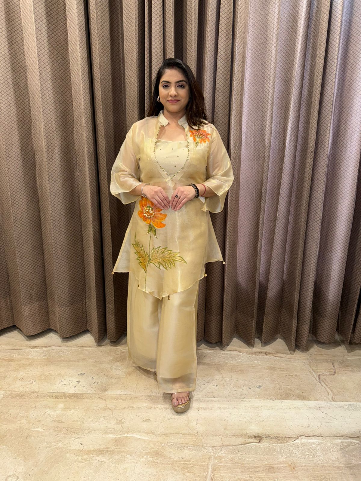 Champagne Shimmer Hand-Painted Floral Kurta & Palazzo Set