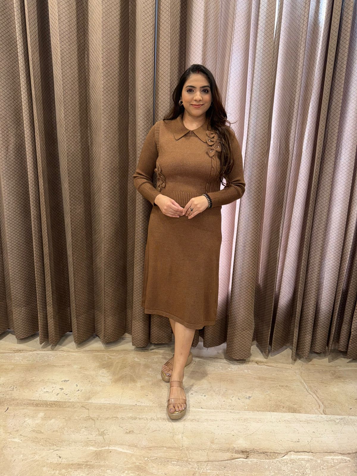 Ribbed Knit Midi Dress with Petal-Appliqué Collar