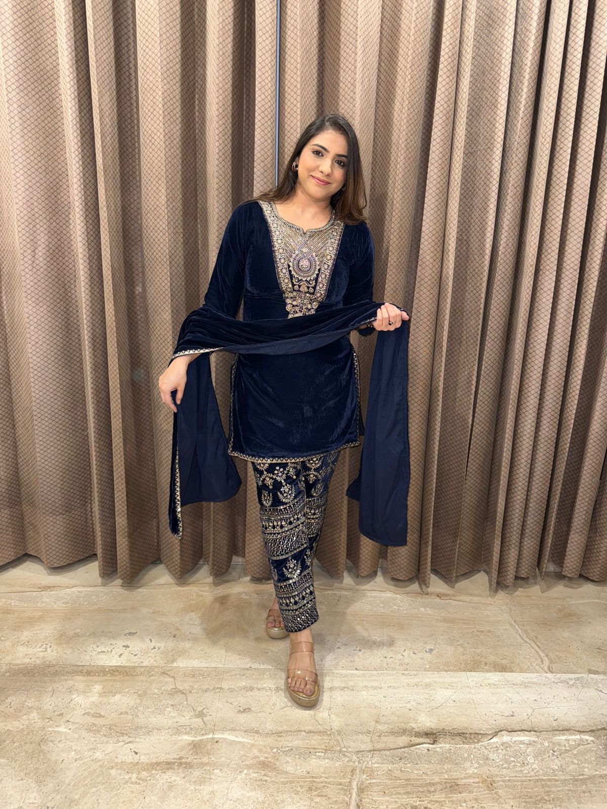 Blue Velvet Hand-work Kurta Set with Velvet Dupatta