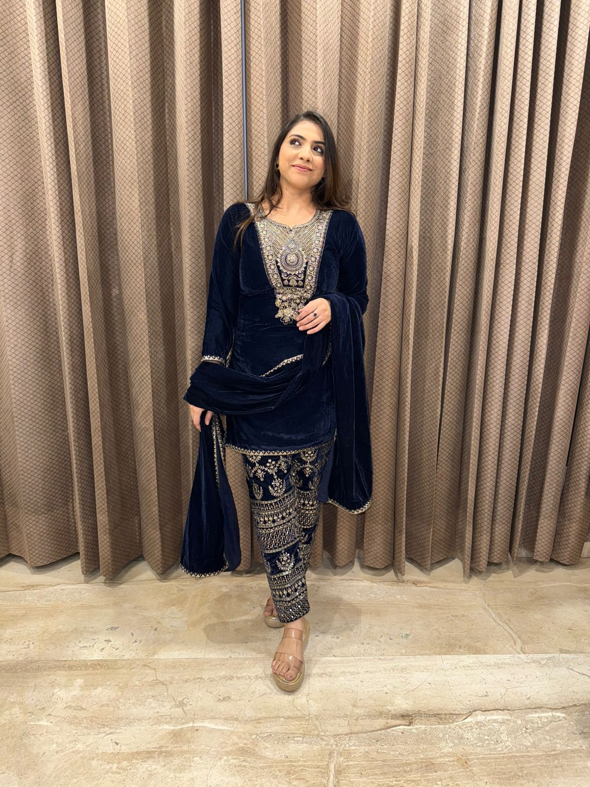 Blue Velvet Hand-work Kurta Set with Velvet Dupatta