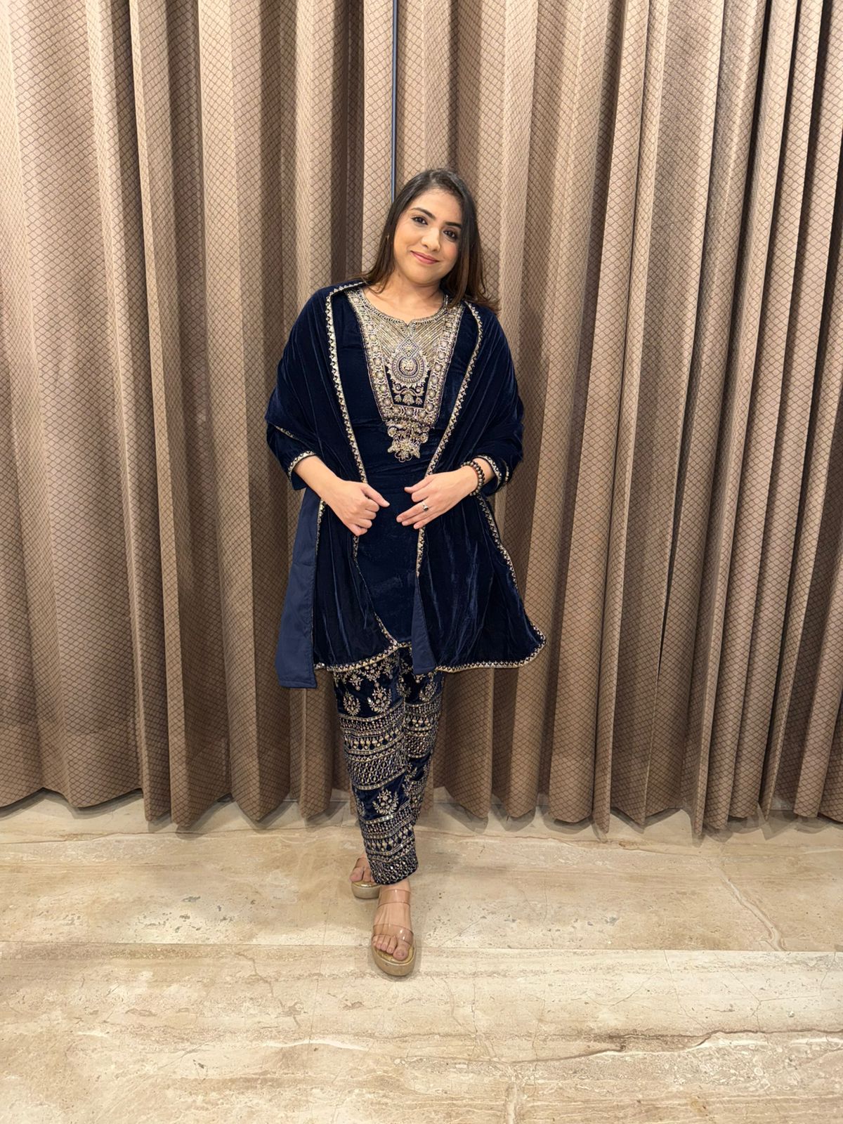 Blue Velvet Hand-work Kurta Set with Velvet Dupatta