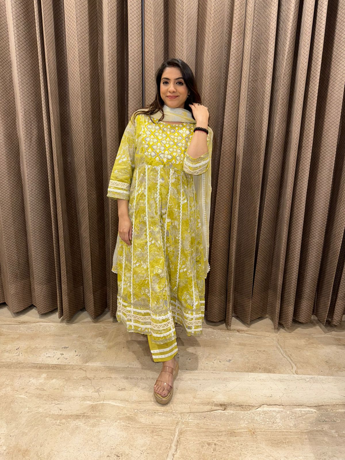 Mirror-Work Floral A-Line Kurta Set with Embroidered Dupatta