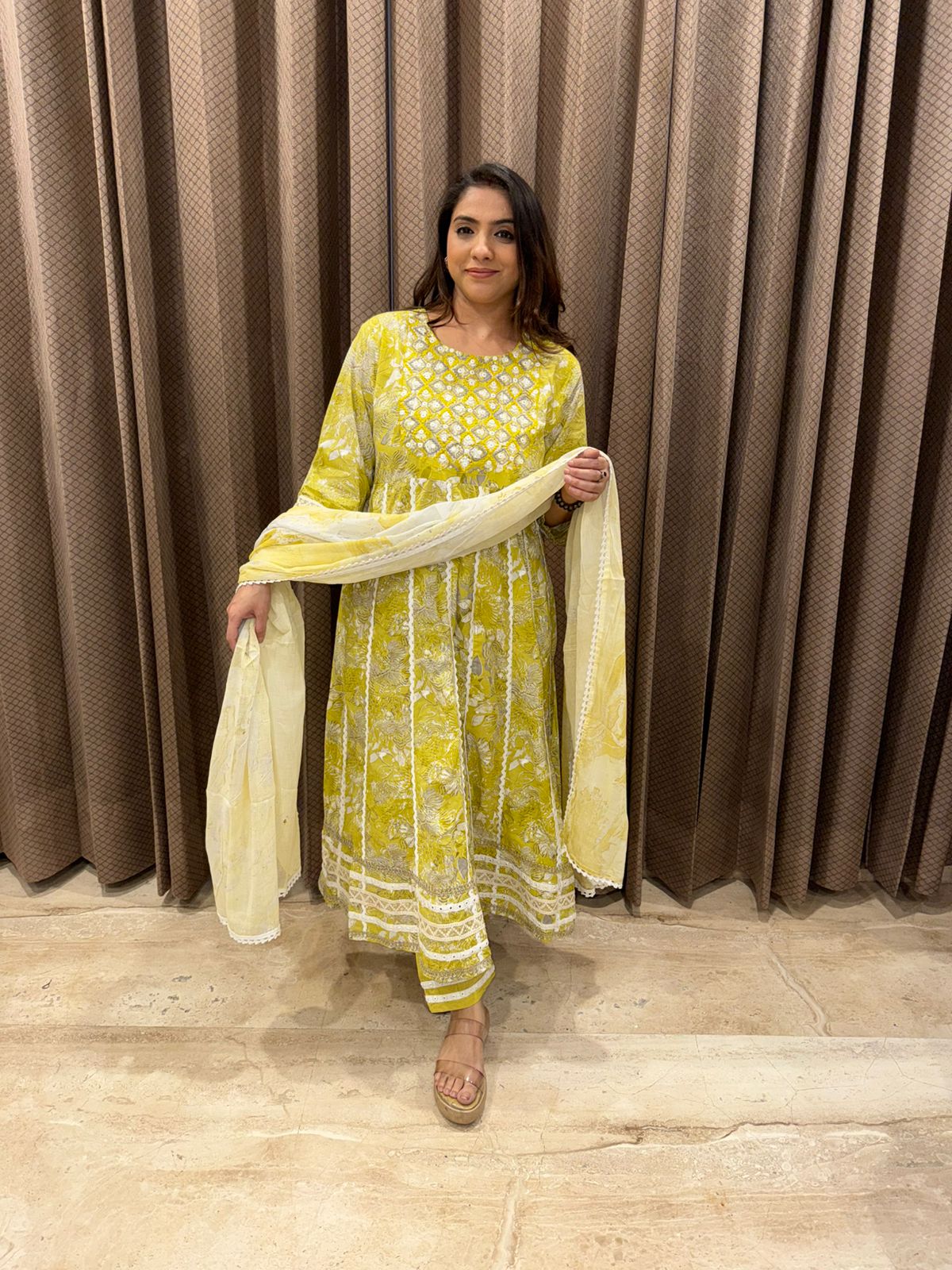 Mirror-Work Floral A-Line Kurta Set with Embroidered Dupatta