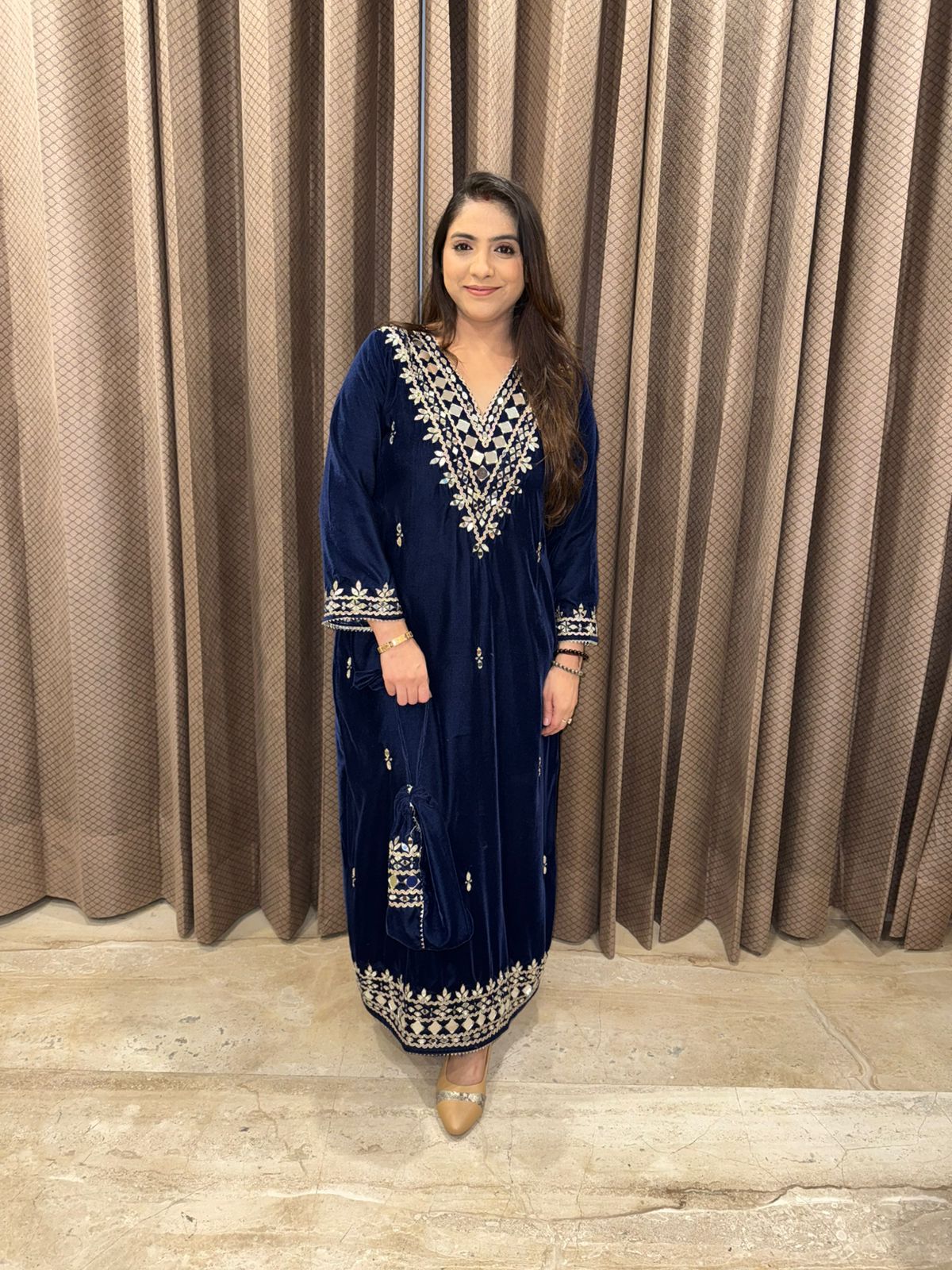 Navy Blue Velvet Hand-work Dress with V-Neck & Full Sleeves