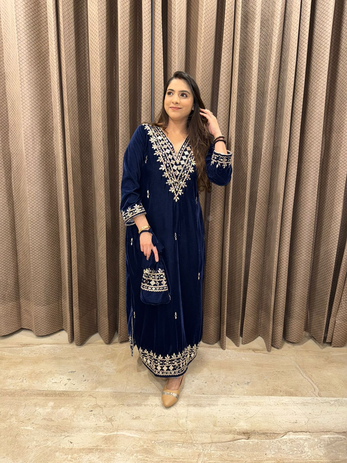 Navy Blue Velvet Hand-work Dress with V-Neck & Full Sleeves