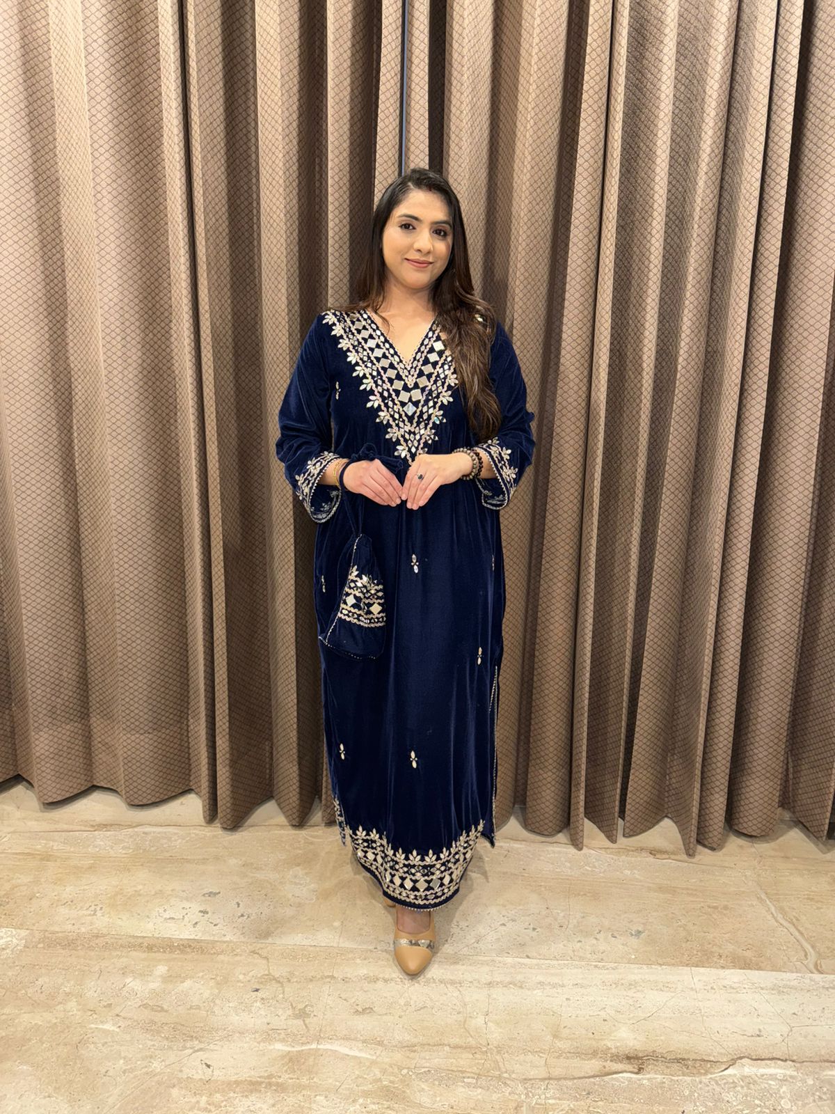 Navy Blue Velvet Hand-work Dress with V-Neck & Full Sleeves