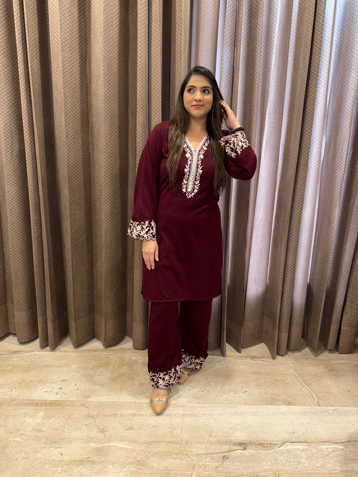 Wine Thread work Kurta Set with Matching Pants