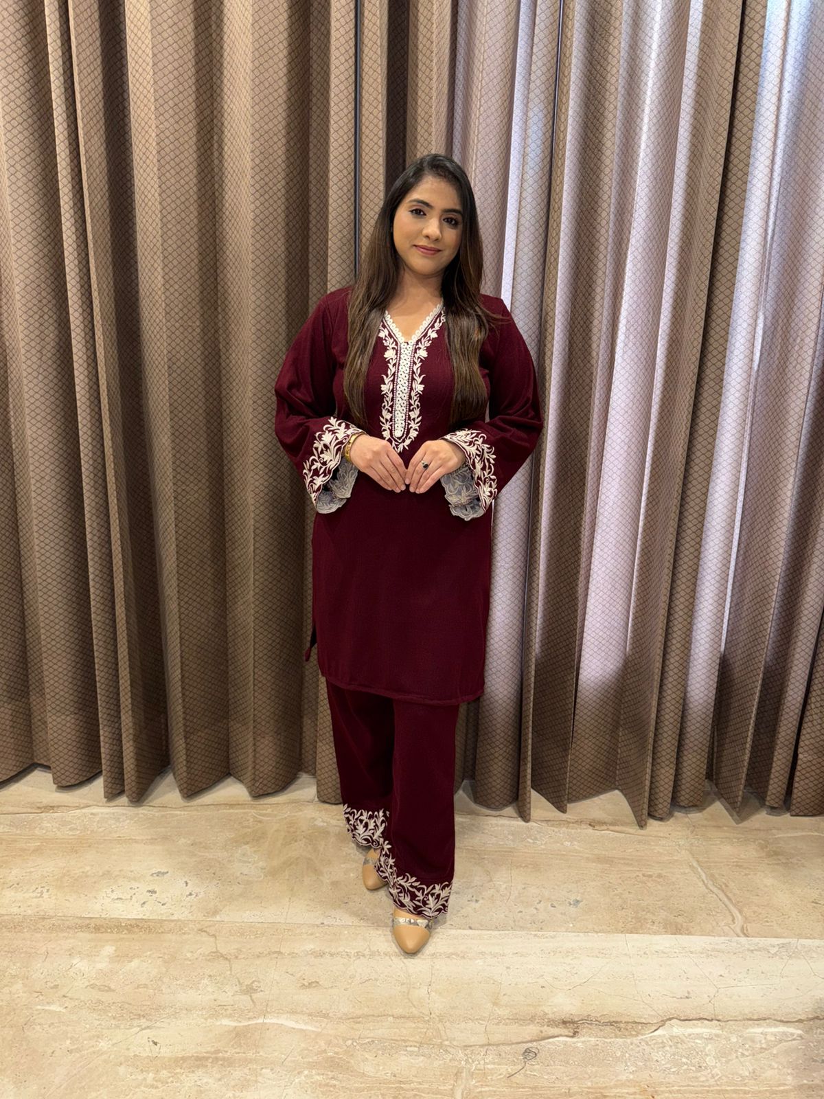 Wine Thread work Kurta Set with Matching Pants