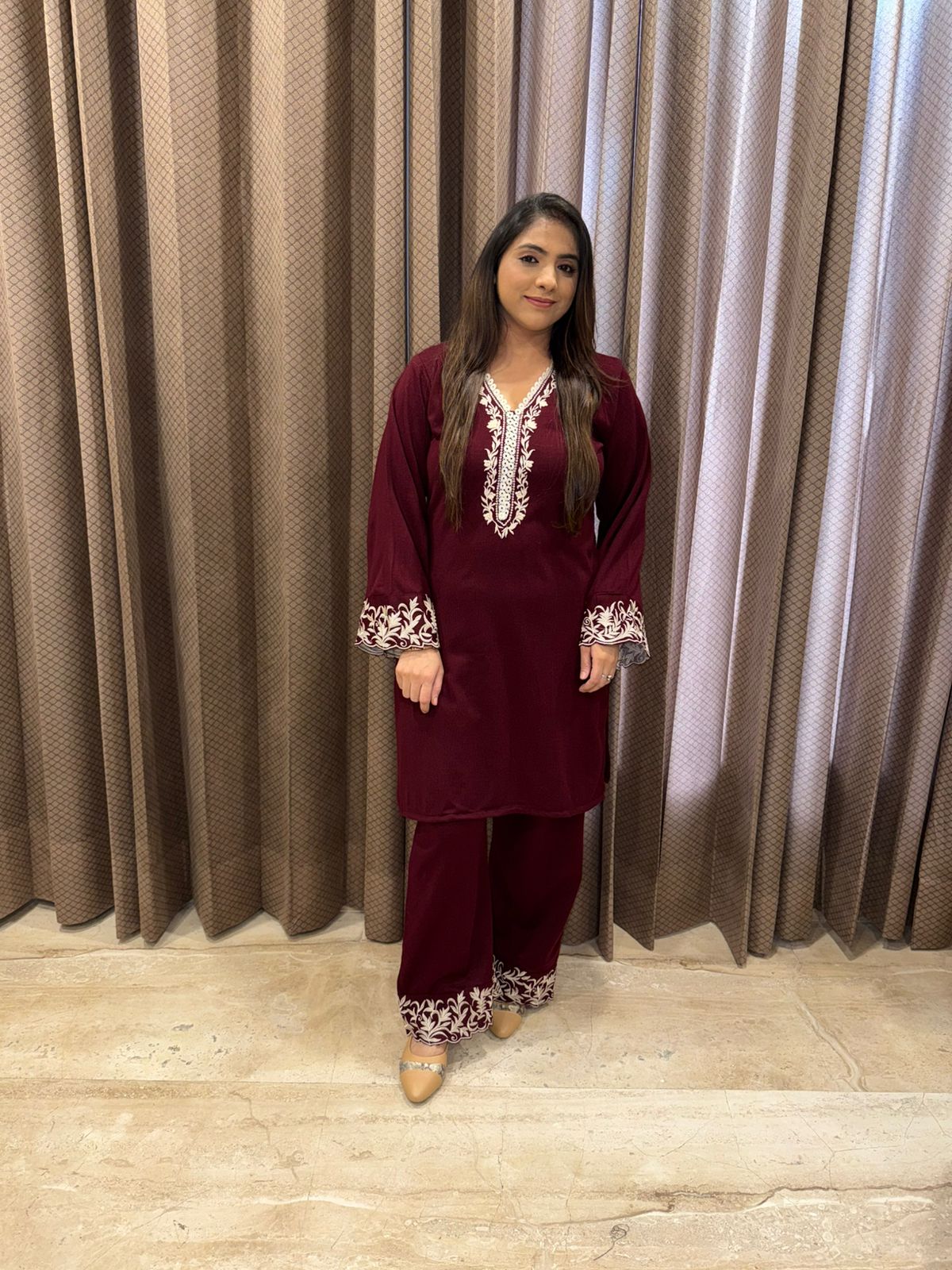 Wine Thread work Kurta Set with Matching Pants