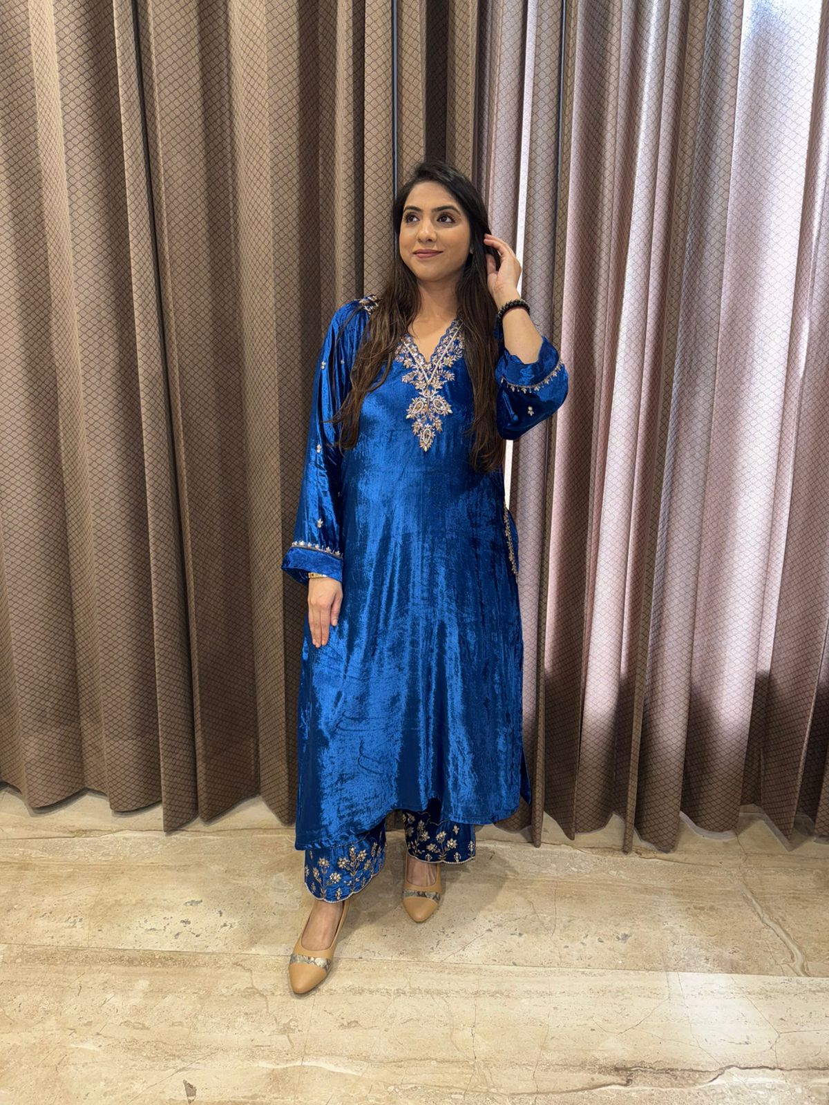 Blue Luxury Velvet Pheran Set with Hand-work Embroidery