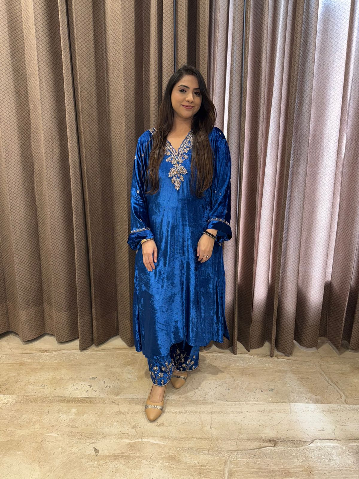 Blue Luxury Velvet Pheran Set with Hand-work Embroidery