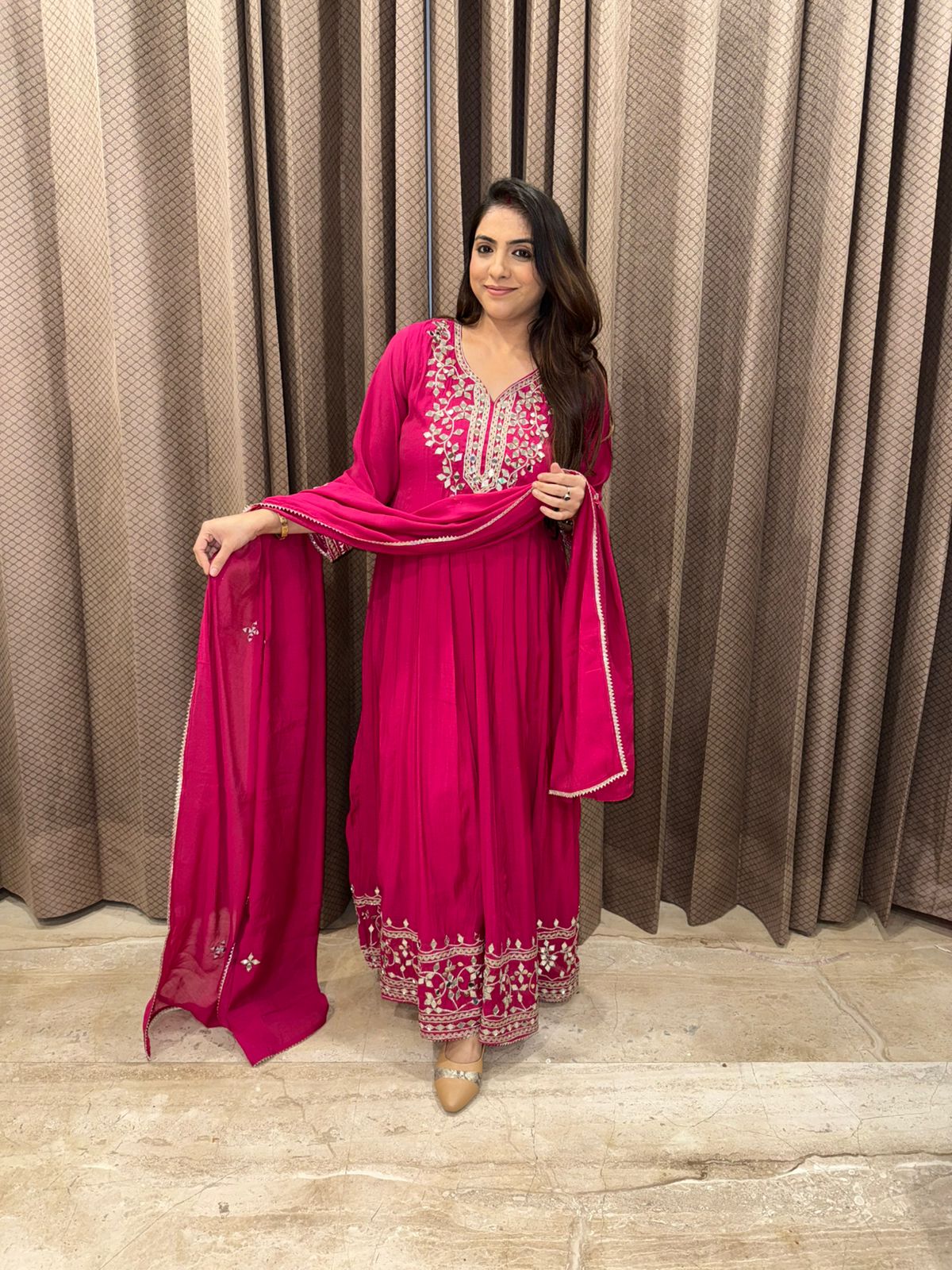 Pink Hand & Mirror work Anarkali Kurta Set with Dupatta