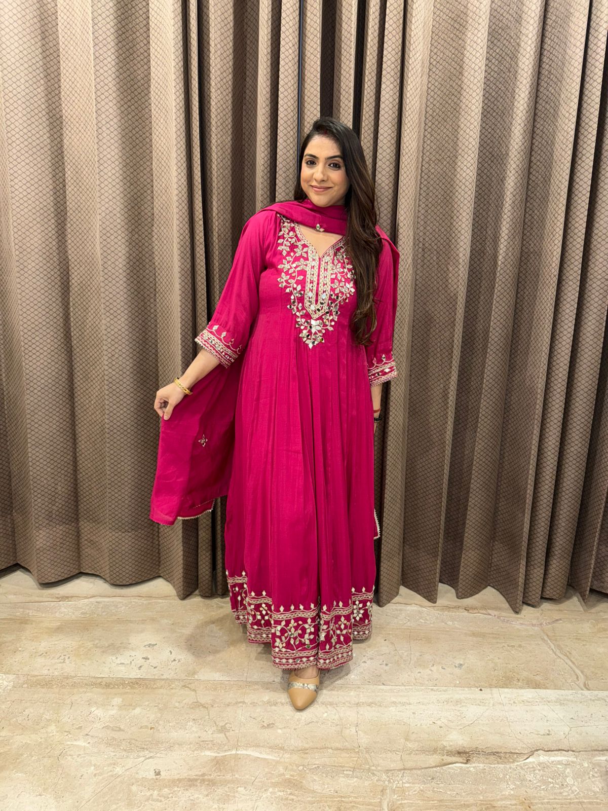 Pink Hand & Mirror work Anarkali Kurta Set with Dupatta