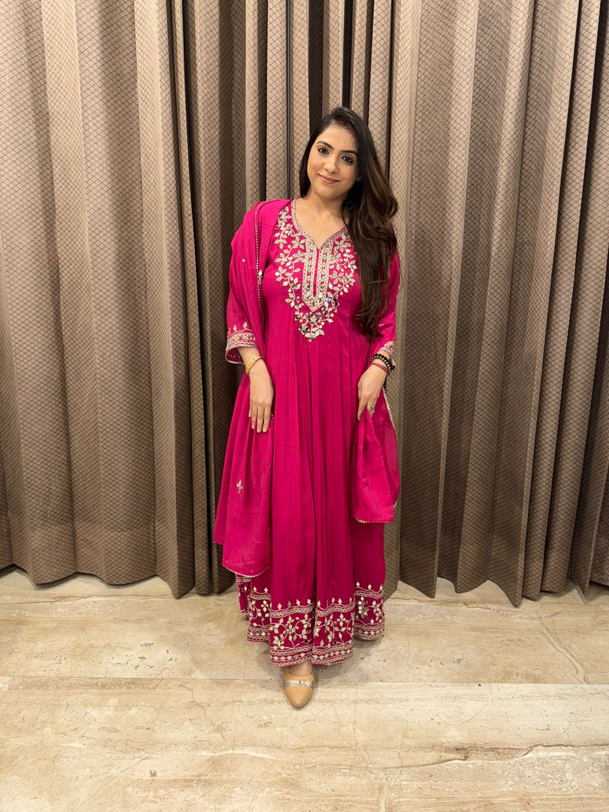 Pink Hand & Mirror work Anarkali Kurta Set with Dupatta