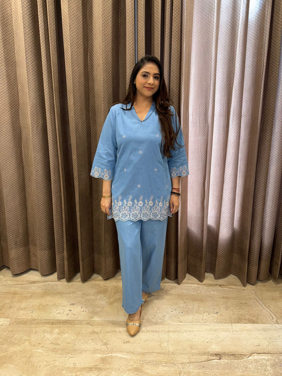 Sky Blue Thread Work Kurta & Pant Co-Ord Set