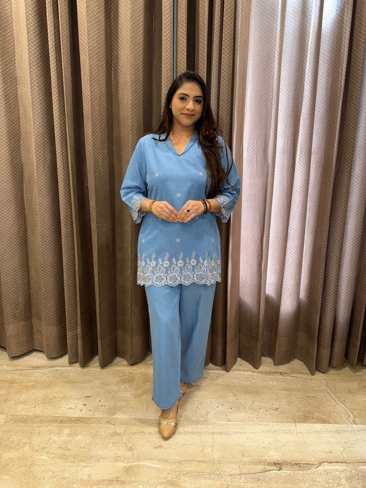 Sky Blue Thread Work Kurta & Pant Co-Ord Set
