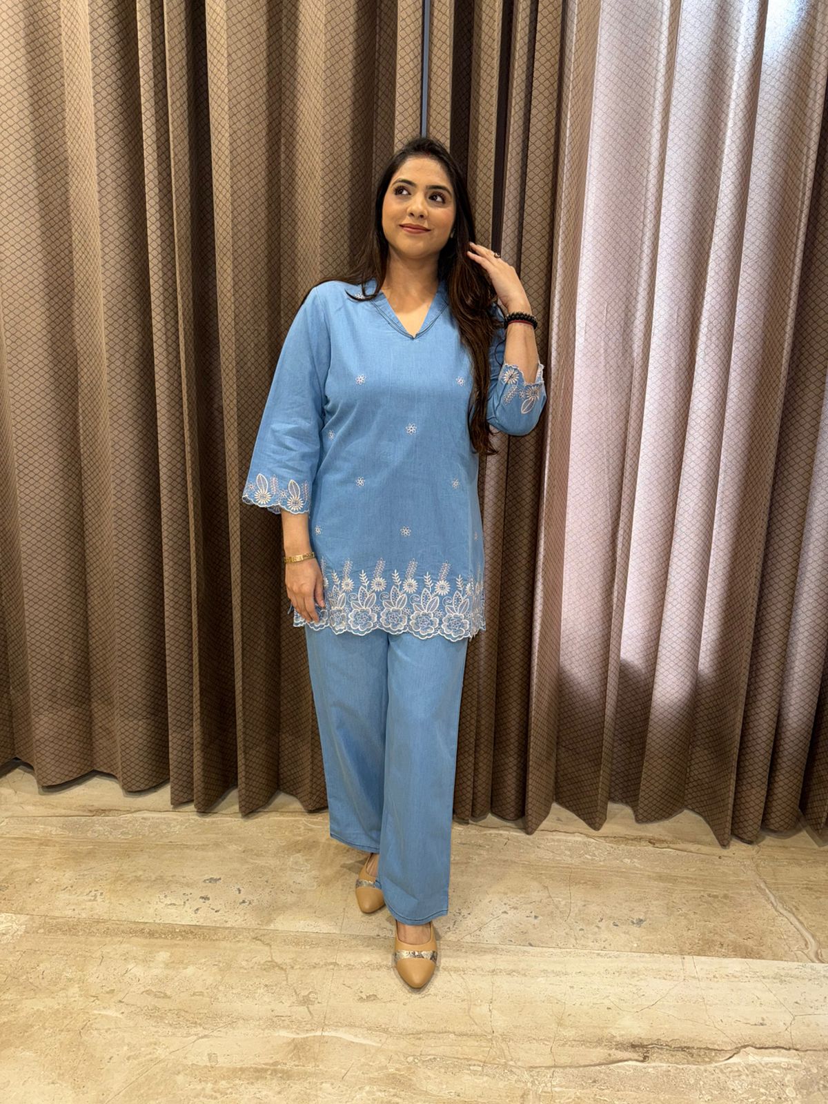 Sky Blue Thread Work Kurta & Pant Co-Ord Set