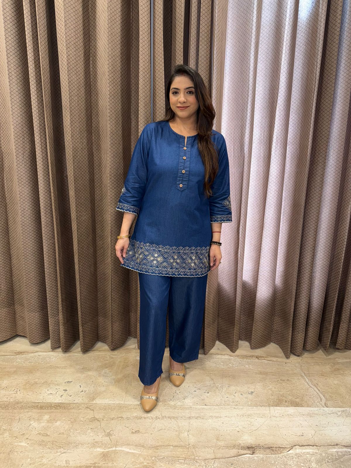 Navy Blue Thread Work Denim Co-Ord Set