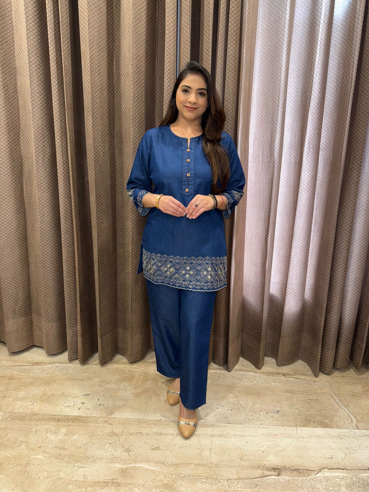 Navy Blue Thread Work Denim Co-Ord Set